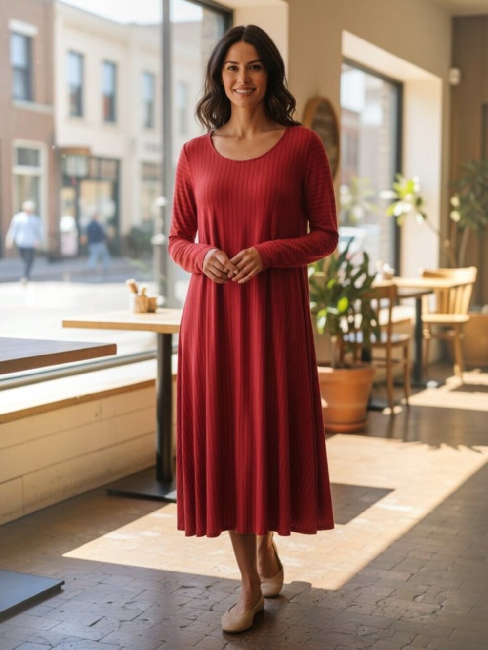 Comfy USA Midi Dress Red Women's Small Long Sleeve Modal Relaxed Fit Striped